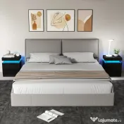 HOMCOM Set 2 Noptiere cu LED și 4 Moduri, 2 Sertare, Lemn, 45x35x52 cm, Negru Lucios | Aosom Romania