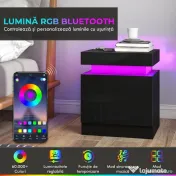 HOMCOM Set 2 Noptiere cu LED și 4 Moduri, 2 Sertare, Lemn, 45x35x52 cm, Negru Lucios | Aosom Romania