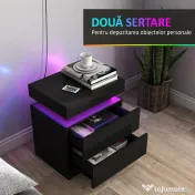 HOMCOM Set 2 Noptiere cu LED și 4 Moduri, 2 Sertare, Lemn, 45x35x52 cm, Negru Lucios | Aosom Romania