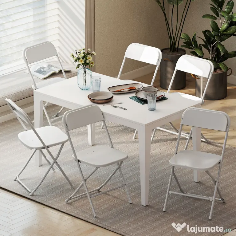 HOMCOM Set de 6 Scaune Pliabile din PP cu Orificii de Drenaj, Scaune Pliabile Salva-Spațiu Portabile din Oțel, Scaun Pliabil de Interior pentru Casă, Birou, Bucătărie, Evenimente, 45x49x79,5 cm, Alb | Aosom Romania