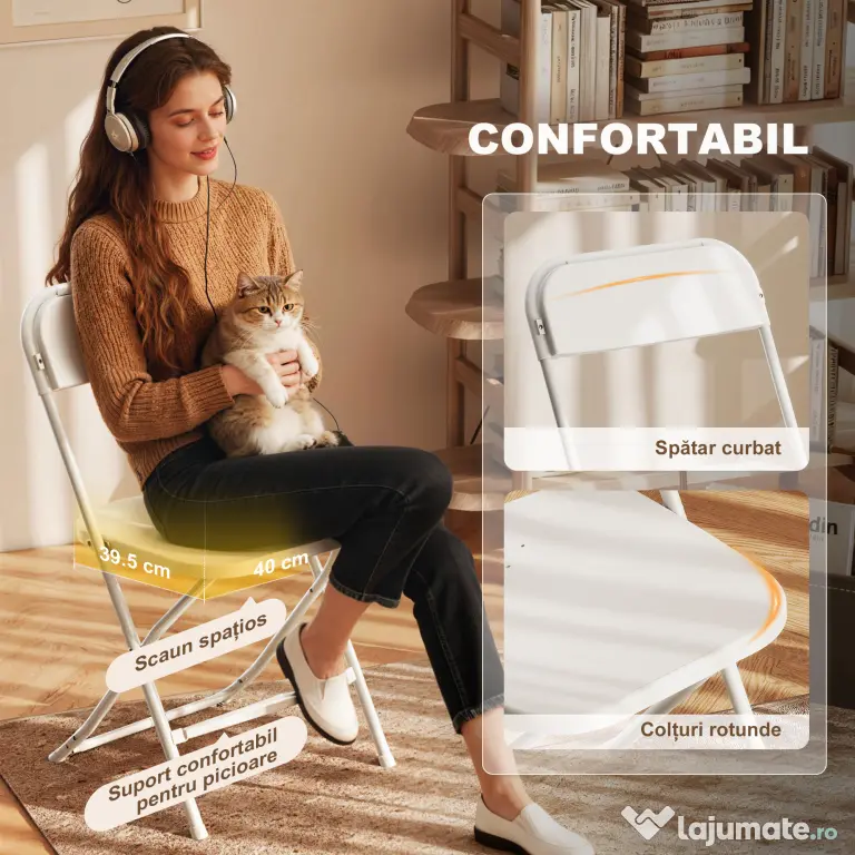 HOMCOM Set de 6 Scaune Pliabile din PP cu Orificii de Drenaj, Scaune Pliabile Salva-Spațiu Portabile din Oțel, Scaun Pliabil de Interior pentru Casă, Birou, Bucătărie, Evenimente, 45x49x79,5 cm, Alb | Aosom Romania