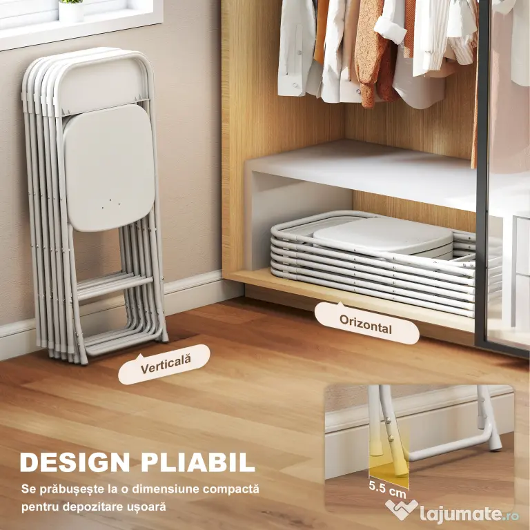 HOMCOM Set de 6 Scaune Pliabile din PP cu Orificii de Drenaj, Scaune Pliabile Salva-Spațiu Portabile din Oțel, Scaun Pliabil de Interior pentru Casă, Birou, Bucătărie, Evenimente, 45x49x79,5 cm, Alb | Aosom Romania