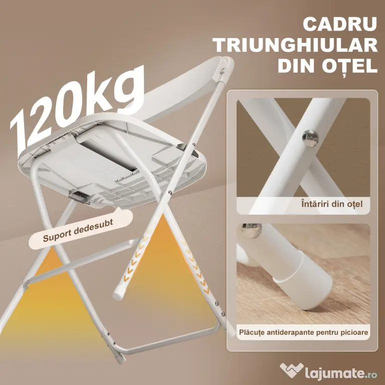 HOMCOM Set de 6 Scaune Pliabile din PP cu Orificii de Drenaj, Scaune Pliabile Salva-Spațiu Portabile din Oțel, Scaun Pliabil de Interior pentru Casă, Birou, Bucătărie, Evenimente, 45x49x79,5 cm, Alb | Aosom Romania