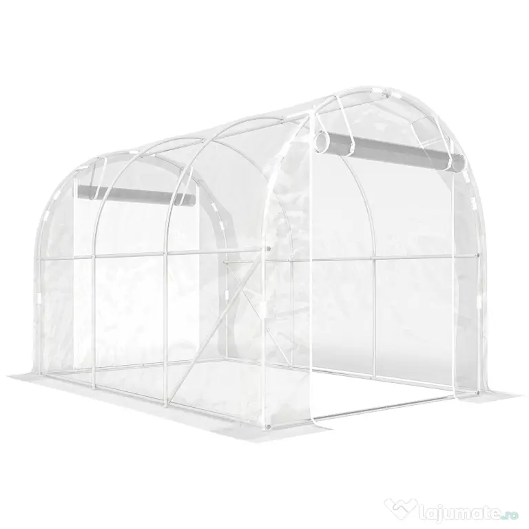 Outsunny Seră de Grădină Tip Tunel 2x3x2 m cu 2 Uși Rulabile, Seră pentru Legume, Flori și Fructe, cu 4 Bare Diagonale, Cadru din Oțel și Acoperiș PE, Transparentă | Aosom Romania