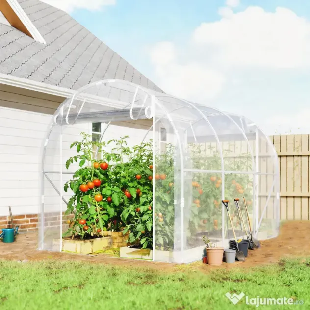 Outsunny Seră de Grădină Tip Tunel 2x3x2 m cu 2 Uși Rulabile, Seră pentru Legume, Flori și Fructe, cu 4 Bare Diagonale, Cadru din Oțel și Acoperiș PE, Transparentă | Aosom Romania