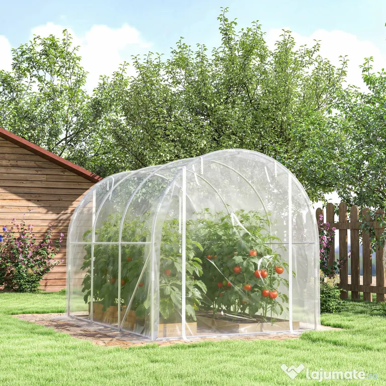 Outsunny Seră de Grădină Tip Tunel 2x3x2 m cu 2 Uși Rulabile, Seră pentru Legume, Flori și Fructe, cu 4 Bare Diagonale, Cadru din Oțel și Acoperiș PE, Transparentă | Aosom Romania