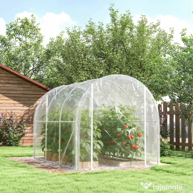 Outsunny Seră de Grădină Tip Tunel 2x3x2 m cu 2 Uși Rulabile, Seră pentru Legume, Flori și Fructe, cu 4 Bare Diagonale, Cadru din Oțel și Acoperiș PE, Transparentă | Aosom Romania