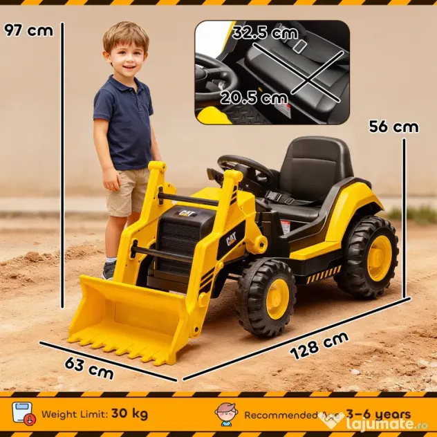 AIYAPLAY Ruspa Electrică pentru Copii 3-6 Ani Marca Oficială Caterpillar 12V cu Telecomandă, Galben | Aosom Romania