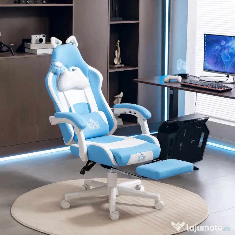 HOMCOM Scaun de gaming reclinabil cu suport pentru picioare și perne, 65x62x124 cm, alb și albastru | Aosom Romania
