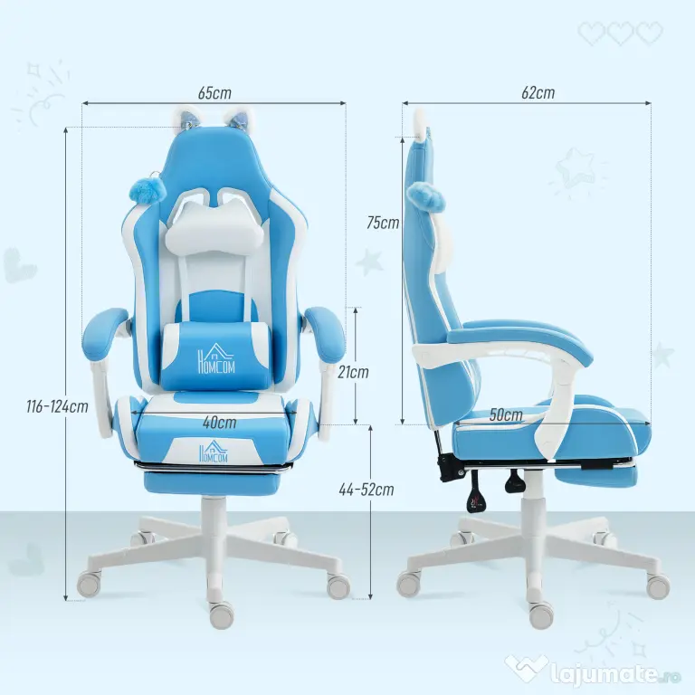 HOMCOM Scaun de gaming reclinabil cu suport pentru picioare și perne, 65x62x124 cm, alb și albastru | Aosom Romania