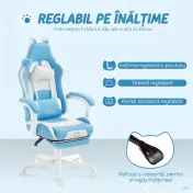 HOMCOM Scaun de gaming reclinabil cu suport pentru picioare și perne, 65x62x124 cm, alb și albastru | Aosom Romania 