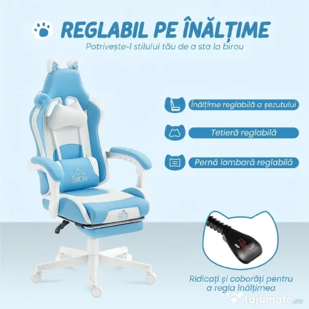 HOMCOM Scaun de gaming reclinabil cu suport pentru picioare și perne, 65x62x124 cm, alb și albastru | Aosom Romania