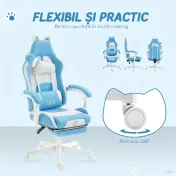HOMCOM Scaun de gaming reclinabil cu suport pentru picioare și perne, 65x62x124 cm, alb și albastru | Aosom Romania 