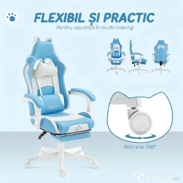 HOMCOM Scaun de gaming reclinabil cu suport pentru picioare și perne, 65x62x124 cm, alb și albastru | Aosom Romania