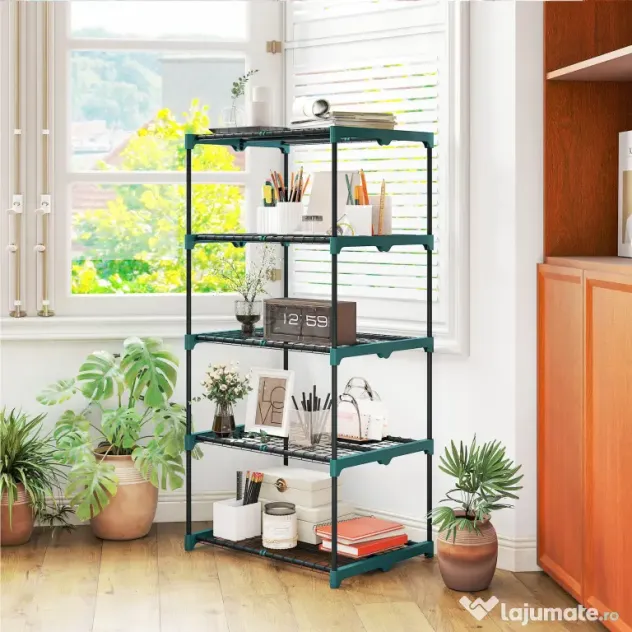 Outsunny Suport pentru Plante Vertical cu 5 Niveluri din Oțel și Plastic, Suport Ghivece pentru Interior și Exterior Grădină Balcon, 67x49x138 cm, Verde Închis | Aosom Romania