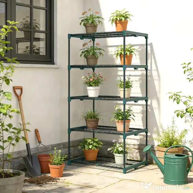 Outsunny Suport pentru Plante Vertical cu 5 Niveluri din Oțel și Plastic, Suport Ghivece pentru Interior și Exterior Grădină Balcon, 67x49x138 cm, Verde Închis | Aosom Romania