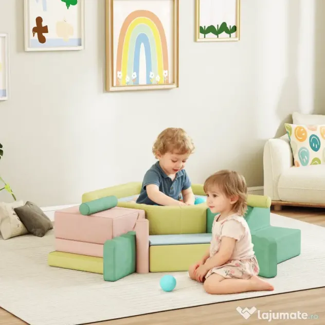AIYAPLAY Set 15 Blocuri de Construcții Moi Modulabile pentru Copii cu 200 de Mingi pentru Uz Intern, Multicolor | Aosom Romania
