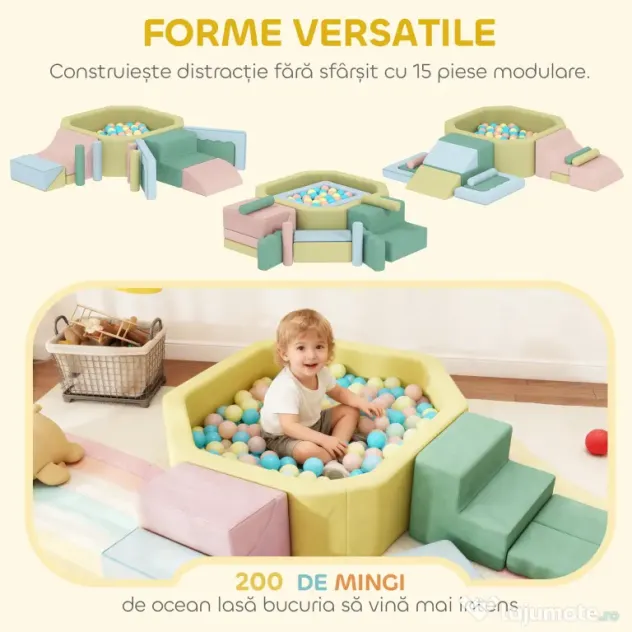 AIYAPLAY Set 15 Blocuri de Construcții Moi Modulabile pentru Copii cu 200 de Mingi pentru Uz Intern, Multicolor | Aosom Romania