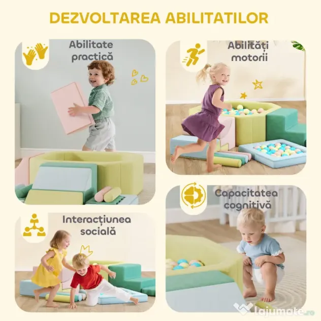 AIYAPLAY Set 15 Blocuri de Construcții Moi Modulabile pentru Copii cu 200 de Mingi pentru Uz Intern, Multicolor | Aosom Romania