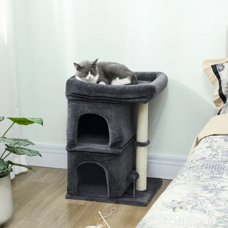 PawHut Ansamblu de joacă pentru pisici de până la 7 kg cu 2 căsuțe, pat și stâlp de sisal, 66cm, Gri | Aosom Romania