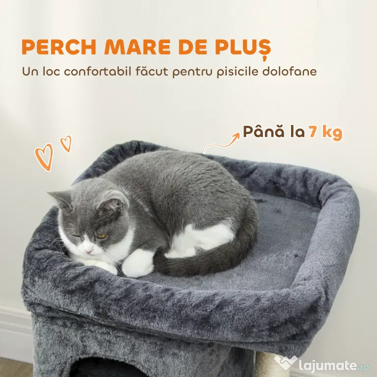 PawHut Ansamblu de joacă pentru pisici de până la 7 kg cu 2 căsuțe, pat și stâlp de sisal, 66cm, Gri | Aosom Romania