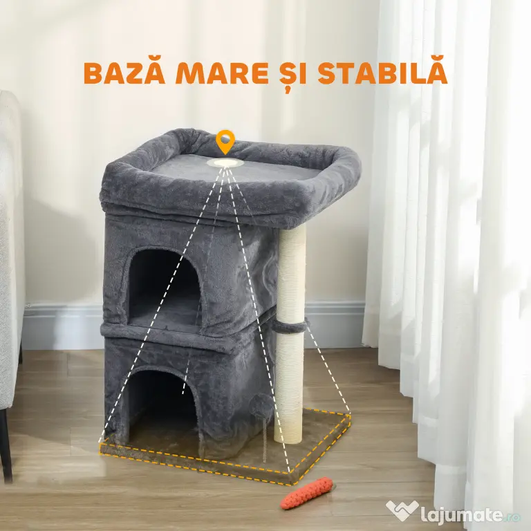 PawHut Ansamblu de joacă pentru pisici de până la 7 kg cu 2 căsuțe, pat și stâlp de sisal, 66cm, Gri | Aosom Romania