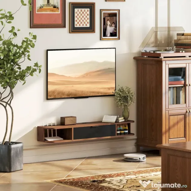 HOMCOM Mobilier TV Suspendat, Suport TV Până la 50" cu Sertar Rabatabil, 2 Rafturi Deschise și Orificiu pentru Cabluri, Mobilier pentru Televizor pentru Sufragerie, Dormitor și Sală de Stat, 120x24x16 cm, Nuc | Aosom Romania