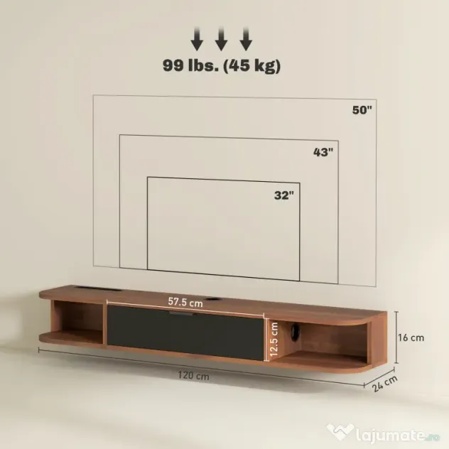 HOMCOM Mobilier TV Suspendat, Suport TV Până la 50" cu Sertar Rabatabil, 2 Rafturi Deschise și Orificiu pentru Cabluri, Mobilier pentru Televizor pentru Sufragerie, Dormitor și Sală de Stat, 120x24x16 cm, Nuc | Aosom Romania