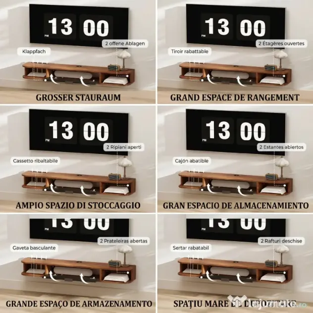 HOMCOM Mobilier TV Suspendat, Suport TV Până la 50" cu Sertar Rabatabil, 2 Rafturi Deschise și Orificiu pentru Cabluri, Mobilier pentru Televizor pentru Sufragerie, Dormitor și Sală de Stat, 120x24x16 cm, Nuc | Aosom Romania