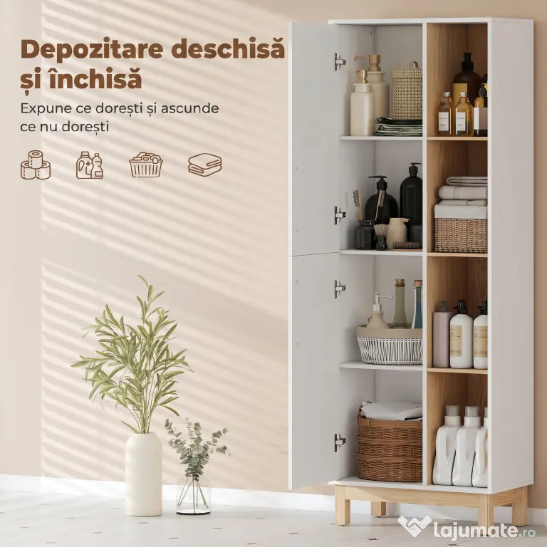 HOMCOM Dulap de Baie Înalt, Dulap Salvaspațiu cu 2 Uși și 4 Rafturi Deschise, Rafturi Reglabile, pentru Spălătorie, 62.5x35x176 cm, Alb | Aosom Romania