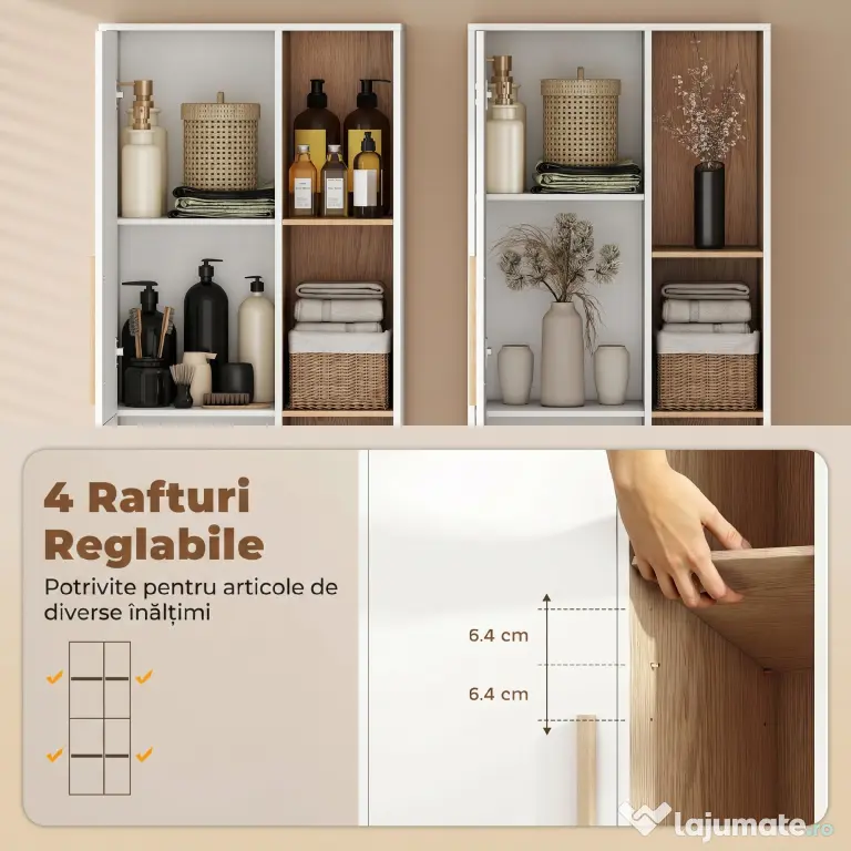 HOMCOM Dulap de Baie Înalt, Dulap Salvaspațiu cu 2 Uși și 4 Rafturi Deschise, Rafturi Reglabile, pentru Spălătorie, 62.5x35x176 cm, Alb | Aosom Romania
