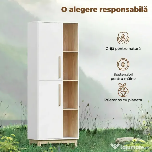 HOMCOM Dulap de Baie Înalt, Dulap Salvaspațiu cu 2 Uși și 4 Rafturi Deschise, Rafturi Reglabile, pentru Spălătorie, 62.5x35x176 cm, Alb | Aosom Romania