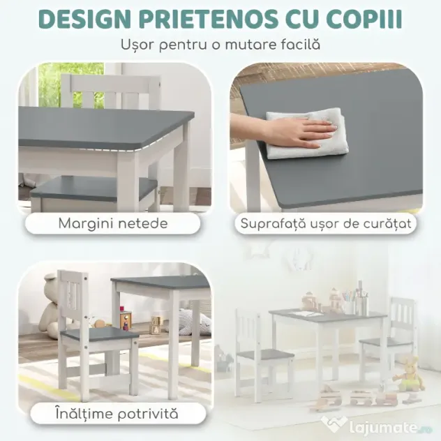 AIYAPLAY Set Măsuță și Scaune pentru Copii 3-8 Ani din Lemn Gri și Alb | Aosom Romania