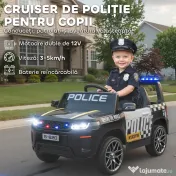 AIYAPLAY Mașina Electrică de Poliție pentru Copii 12V cu Telecomandă, Sirenă și Lumini, Vârsta 3-5 Ani, Negru | Aosom Romania