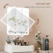 HOMCOM Oglindă Machiaj cu LED-uri, Oglindă Vanity Reîncărcabilă cu Ecran Touch, 2 Moduri de Iluminare și Rotire 180°, Alb | Aosom Romania 