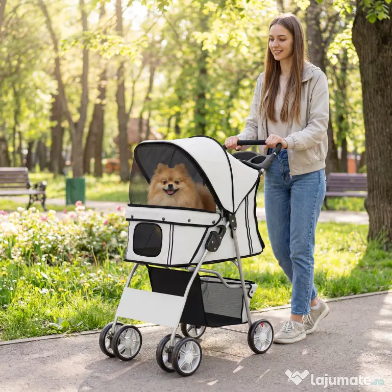 PawHut Cărucior pentru Câini de Talie Mică Pliabil, cu Roți Pivotante 360°, Coș de Depozitare, Pernă Lavabilă, Gri | Aosom Romania