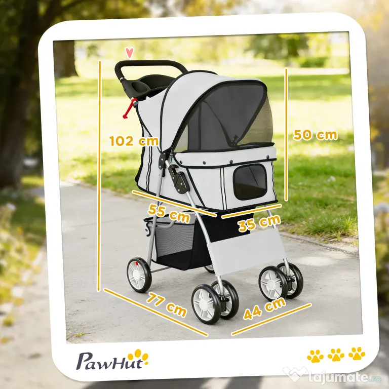 PawHut Cărucior pentru Câini de Talie Mică Pliabil, cu Roți Pivotante 360°, Coș de Depozitare, Pernă Lavabilă, Gri | Aosom Romania