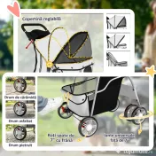 PawHut Cărucior pentru Câini de Talie Mică Pliabil, cu Roți Pivotante 360°, Coș de Depozitare, Pernă Lavabilă, Gri | Aosom Romania