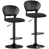 HOMCOM Set 2 Scaune de Bar Reglabile, Scaune de Bucătărie Înalte din Material Textil cu Efect de In cu Spătar, Suport pentru Picioare și Șezut Moale, Cadru Metalic, Scaune Rotative la 360°, Negru