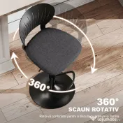 Set HOMCOM de 2 Scaune de Bar Reglabile, Scaune de Bucătărie Înalte din Țesătură Tip In cu Spătar, Suport pentru Picioare și Scaun Moale, Structură din Metal, Scaune de Bar Rotative la 360°, Negru | Aosom Romania 