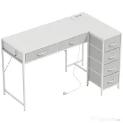 HOMCOM Birou de Colț Reversibil cu Prize și Porturi USB, 126x48 cm, Birou în Formă de L cu 6 Sertare din Material Textil, Cârlig Lateral, pentru Computer, Birou, Cameră, Alb | Aosom Romania