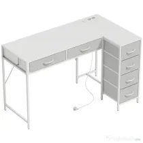 HOMCOM Birou de Colț Reversibil cu Prize și Porturi USB, 126x48 cm, Birou în Formă de L cu 6 Sertare din Material Textil, Cârlig Lateral, pentru Computer, Birou, Cameră, Alb | Aosom Romania
