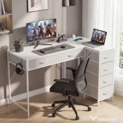 HOMCOM Birou de Colț Reversibil cu Prize și Porturi USB, 126x48 cm, Birou în Formă de L cu 6 Sertare din Material Textil, Cârlig Lateral, pentru Computer, Birou, Cameră, Alb | Aosom Romania