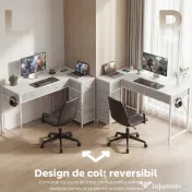 HOMCOM Birou de Colț Reversibil cu Prize și Porturi USB, 126x48 cm, Birou în Formă de L cu 6 Sertare din Material Textil, Cârlig Lateral, pentru Computer, Birou, Cameră, Alb | Aosom Romania