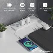 HOMCOM Birou de Colț Reversibil cu Prize și Porturi USB, 126x48 cm, Birou în Formă de L cu 6 Sertare din Material Textil, Cârlig Lateral, pentru Computer, Birou, Cameră, Alb | Aosom Romania