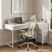 HOMCOM Birou de Colț Reversibil cu Prize și Porturi USB, 126x48 cm, Birou în Formă de L cu 6 Sertare din Material Textil, Cârlig Lateral, pentru Computer, Birou, Cameră, Alb | Aosom Romania