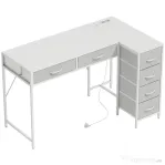 HOMCOM Birou Unghiular cu 6 Sertare cu Cârlig Lateral și Prize Integrate, din Lemn și Oțel, 126x48x80 cm, Alb