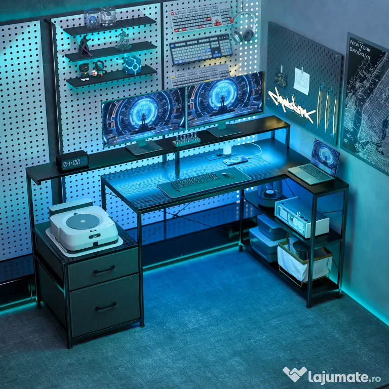 HOMCOM Birou Gaming în formă de L cu prize multiple, LED-uri, 165x80 cm, birou PC cu 2 sertare din material textil, 2 rafturi deschise, măsuță laterală și 2 suporturi monitor, din PAL și oțel, Negru | Aosom Romania