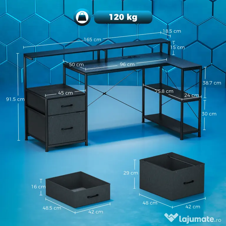 HOMCOM Birou Gaming în formă de L cu prize multiple, LED-uri, 165x80 cm, birou PC cu 2 sertare din material textil, 2 rafturi deschise, măsuță laterală și 2 suporturi monitor, din PAL și oțel, Negru | Aosom Romania