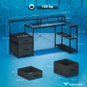 HOMCOM Birou Gaming în formă de L cu prize multiple, LED-uri, 165x80 cm, birou PC cu 2 sertare din material textil, 2 rafturi deschise, măsuță laterală și 2 suporturi monitor, din PAL și oțel, Negru | Aosom Romania